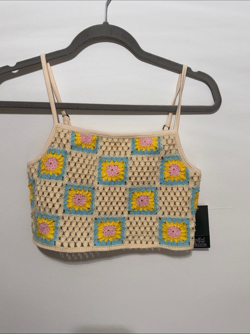 Crochet Square Flower Crop Top in Cream, Blue, Yellow, Pink